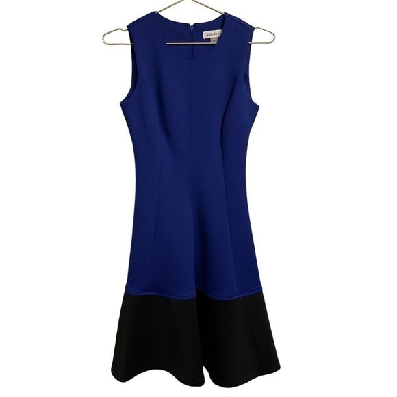 Calvin Klein Sleeveless Blue Black Fit & Flair Scuba Dress Size 2 - Picture 1 of 5